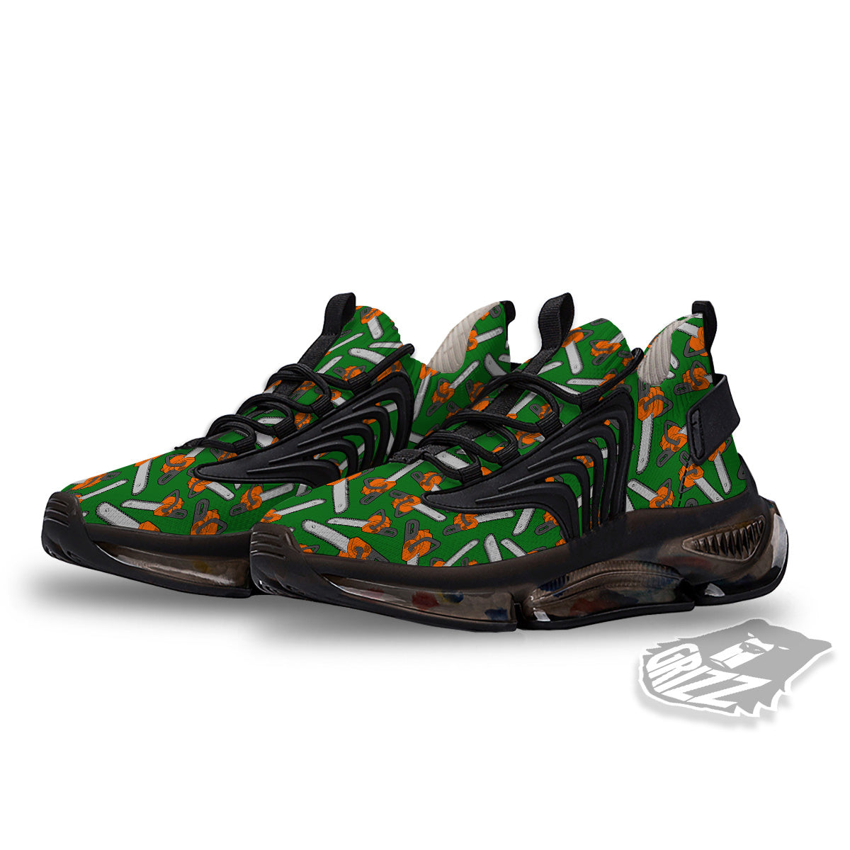Green Chainsaw Print Pattern Black Gym Shoes-grizzshop