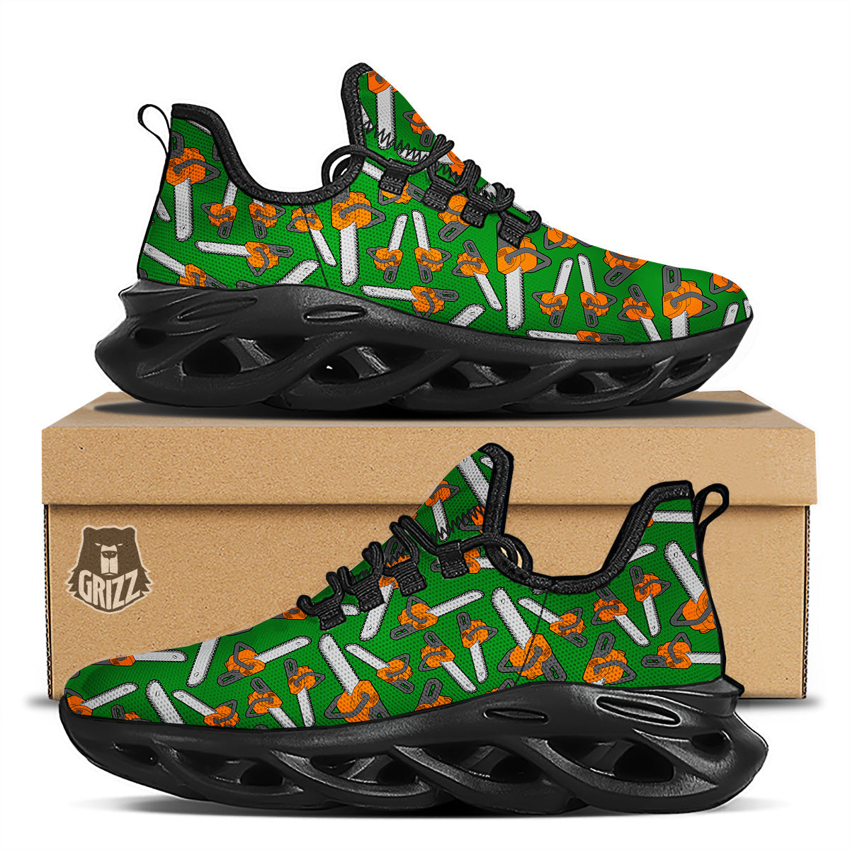 Green Chainsaw Print Pattern Black Running Shoes-grizzshop