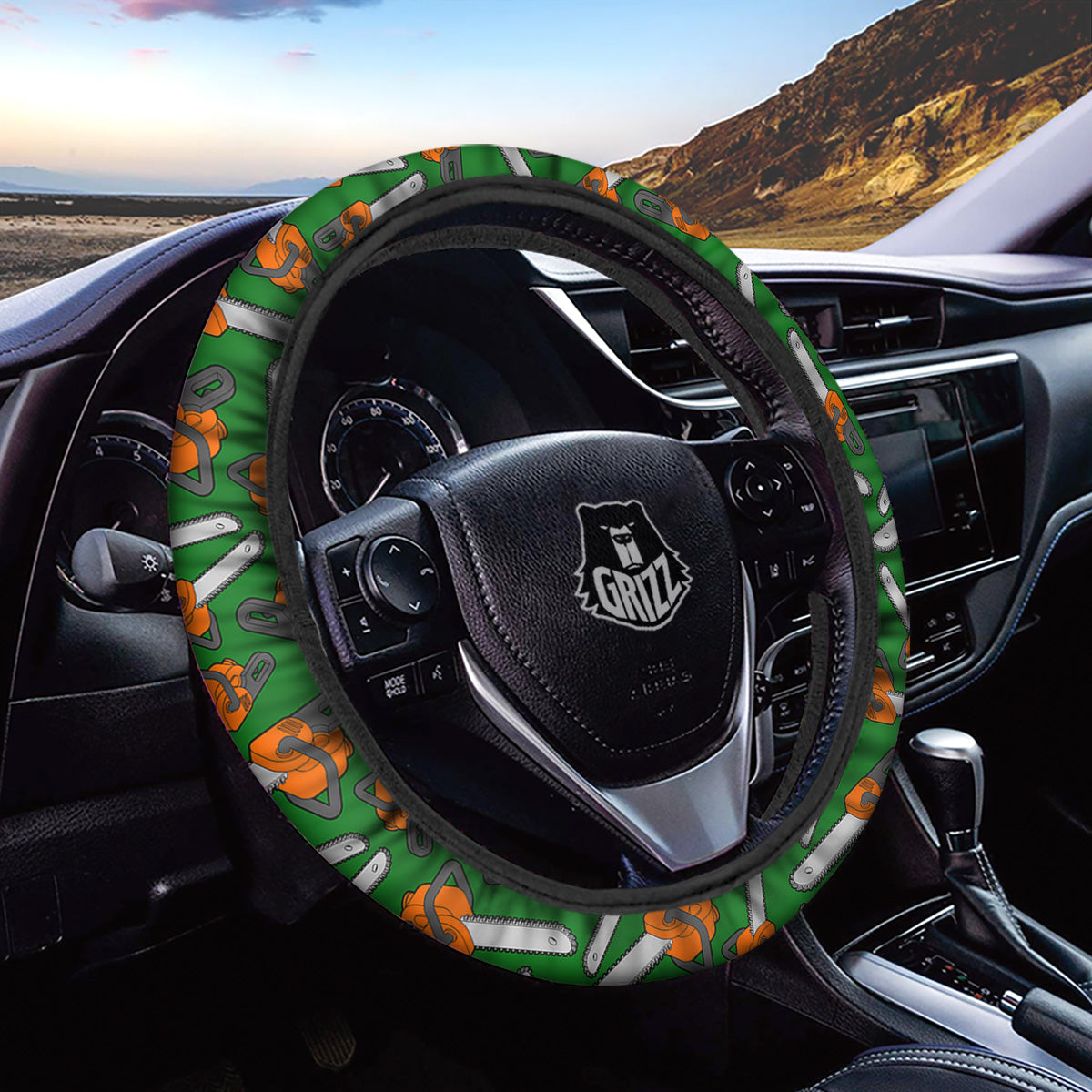 Green Chainsaw Print Pattern Car Steering Wheel Cover-grizzshop