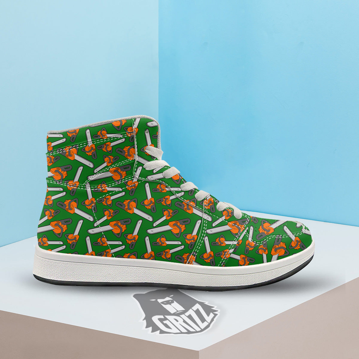 Green Chainsaw Print Pattern High Top Sneakers-grizzshop