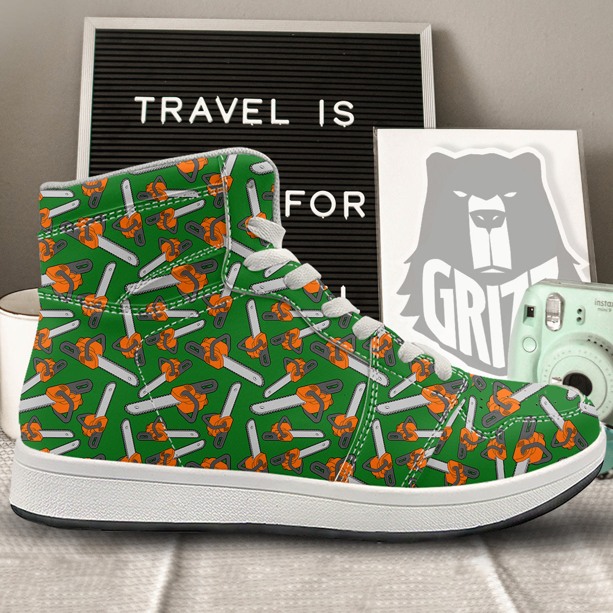 Green Chainsaw Print Pattern High Top Sneakers-grizzshop