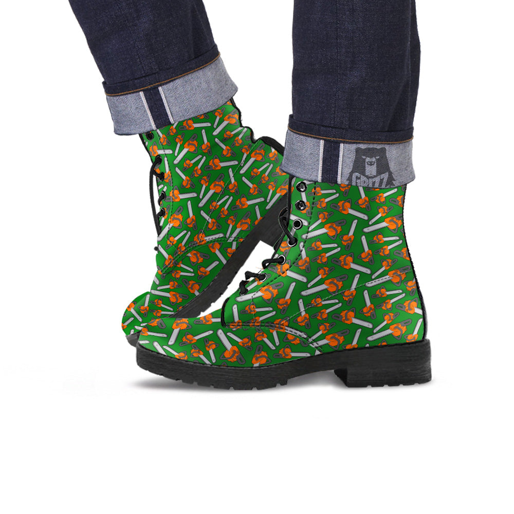 Green Chainsaw Print Pattern Leather Boots-grizzshop