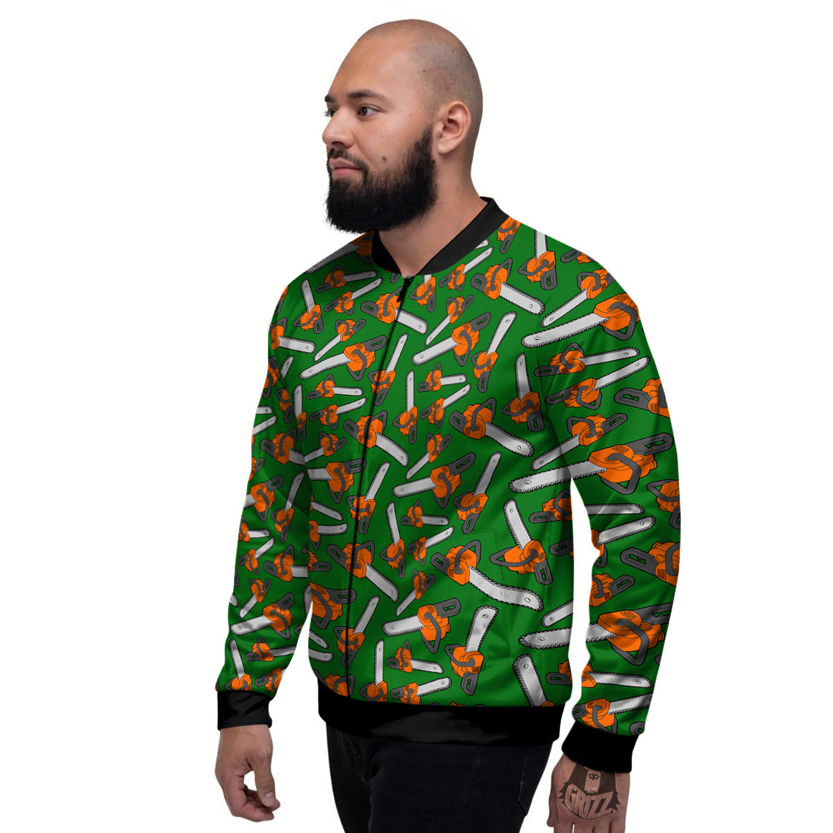Green Chainsaw Print Pattern Men's Bomber Jacket-grizzshop