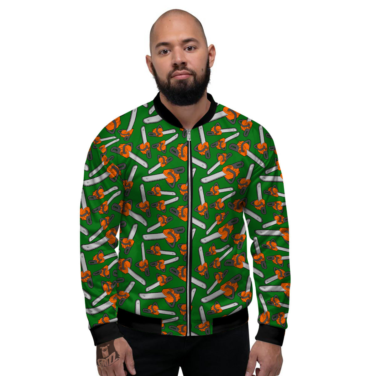 Green Chainsaw Print Pattern Men's Bomber Jacket-grizzshop