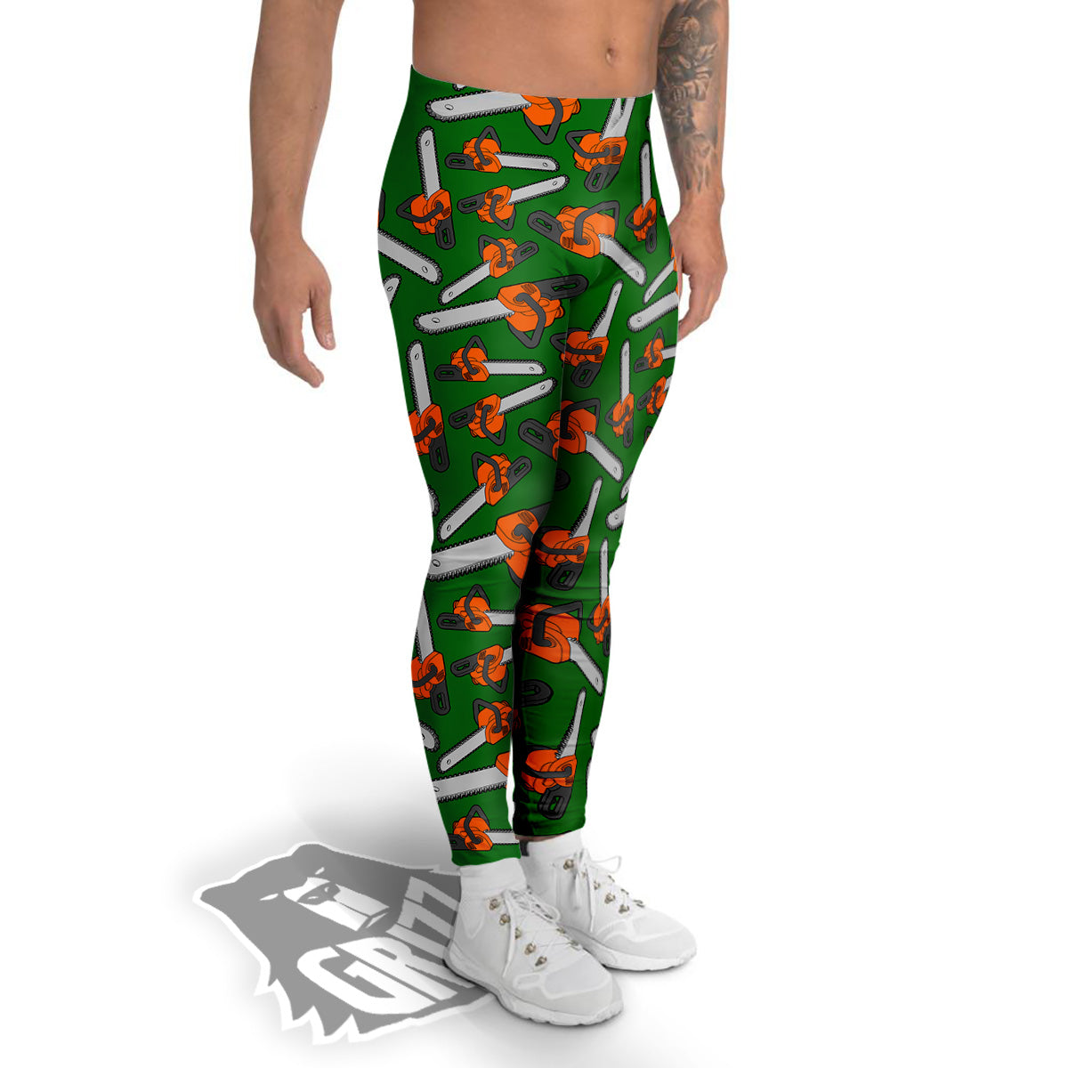 Green Chainsaw Print Pattern Men's Leggings-grizzshop