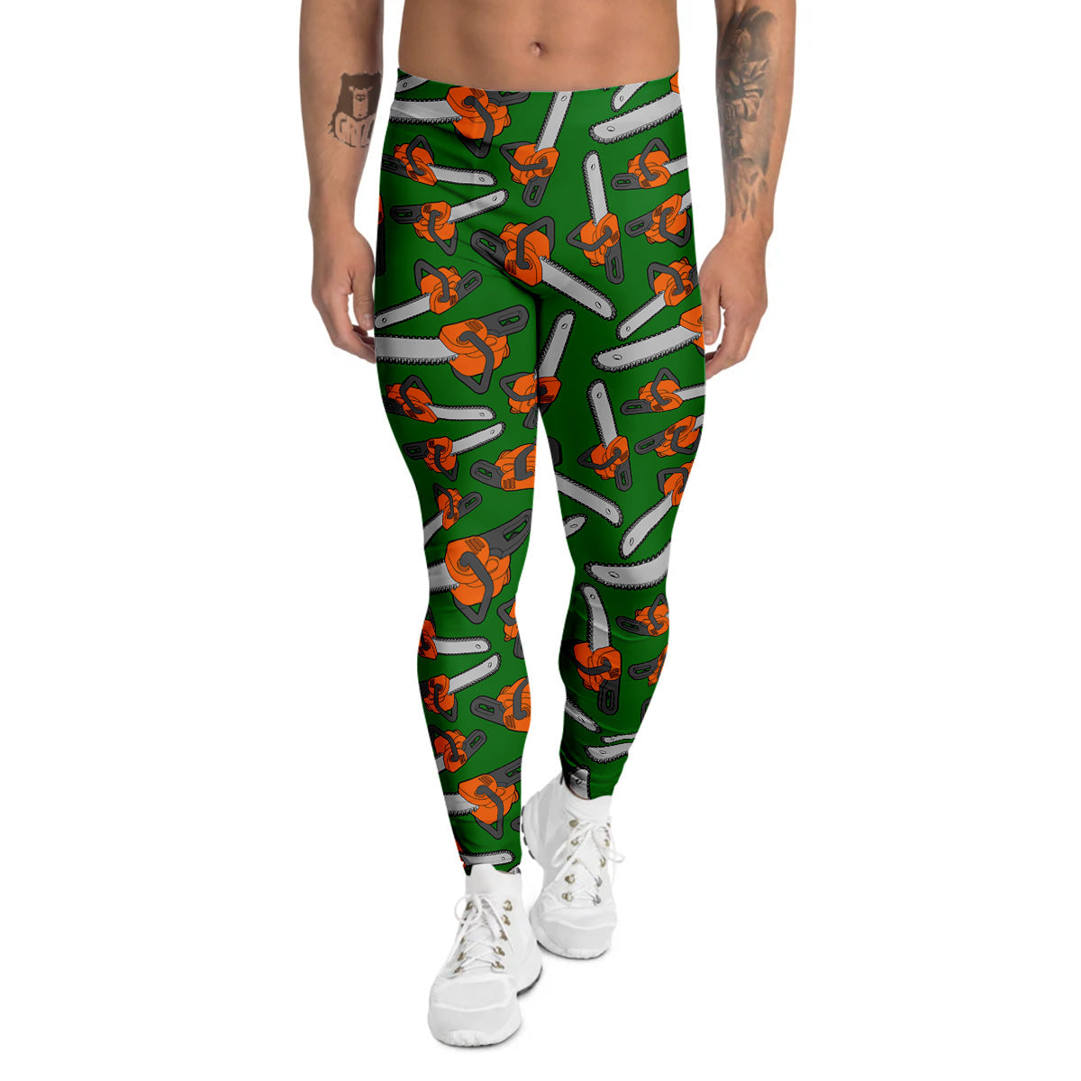 Green Chainsaw Print Pattern Men's Leggings-grizzshop