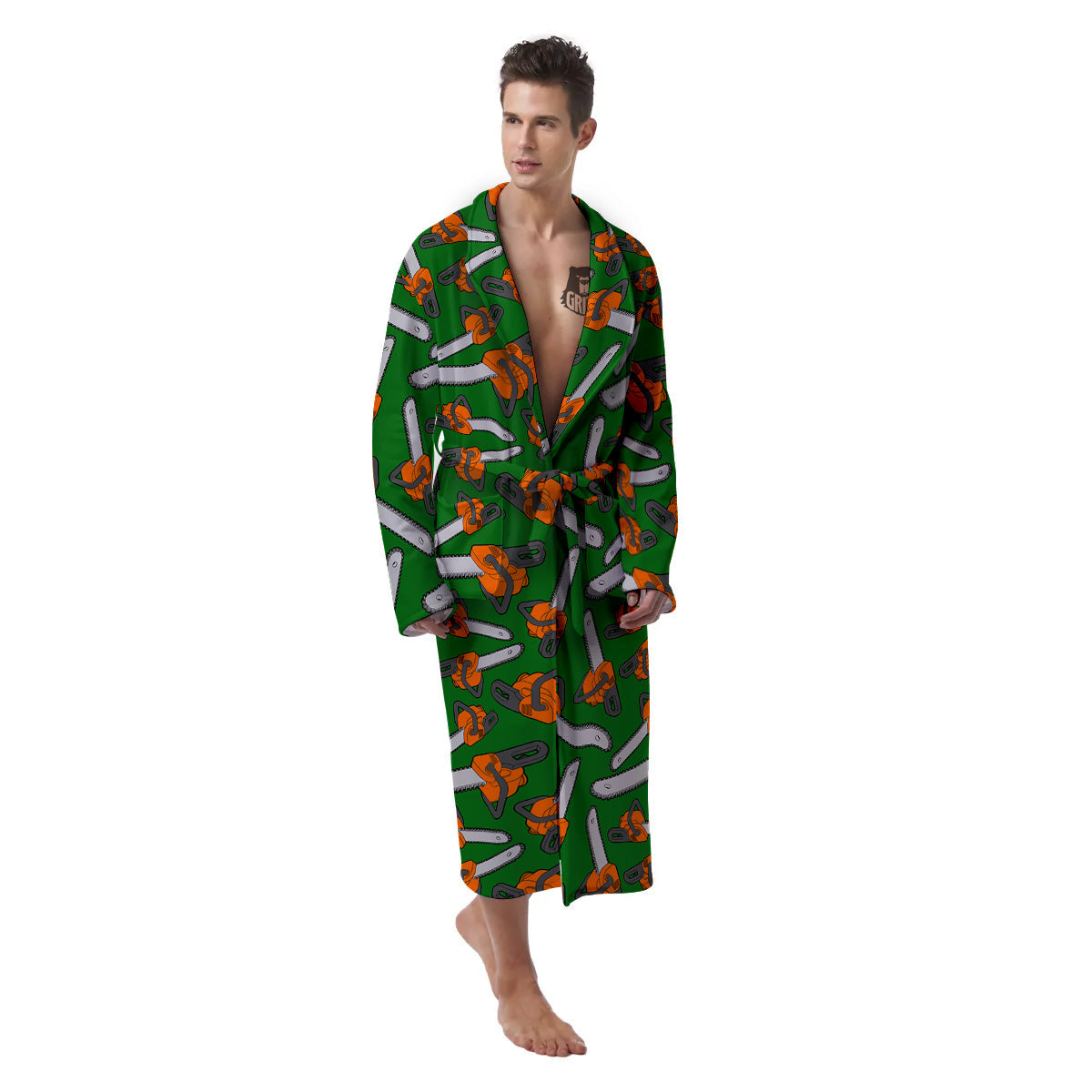 Green Chainsaw Print Pattern Men's Robe-grizzshop