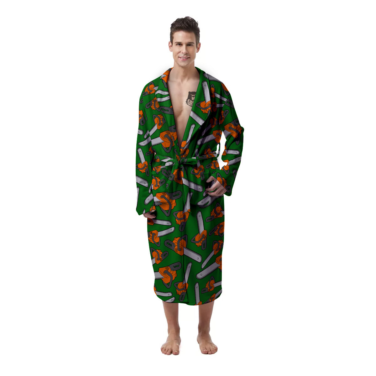 Green Chainsaw Print Pattern Men's Robe-grizzshop