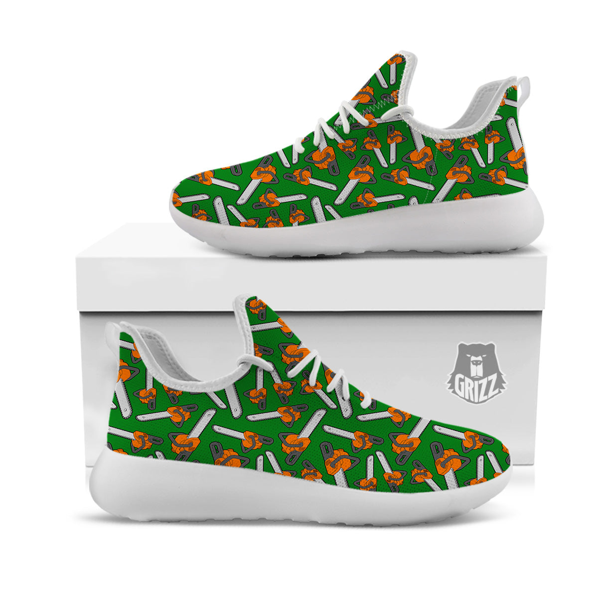 Green Chainsaw Print Pattern White Athletic Shoes-grizzshop