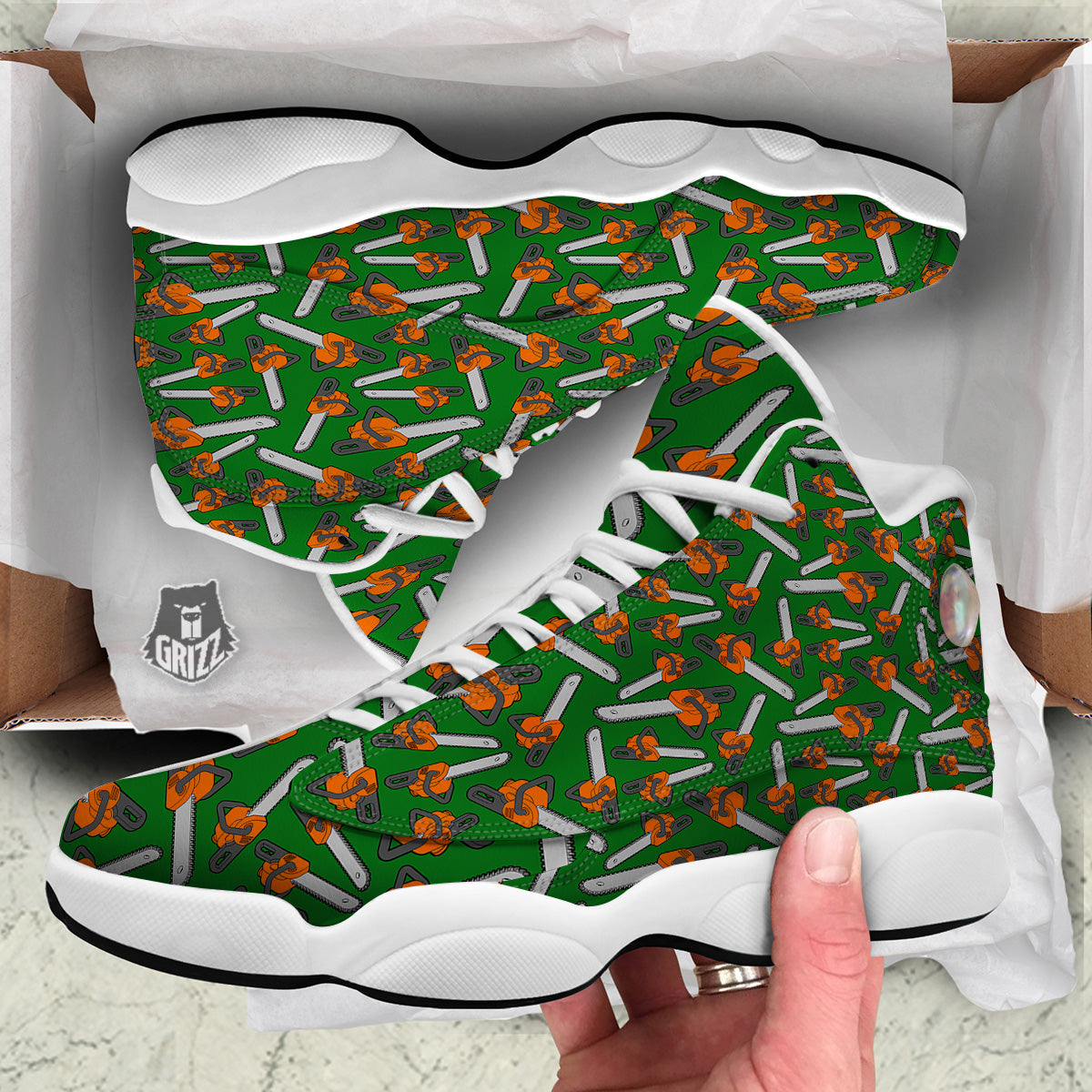 Green Chainsaw Print Pattern White Basketball Shoes-grizzshop