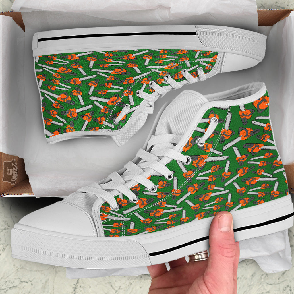 Green Chainsaw Print Pattern White High Top Shoes-grizzshop