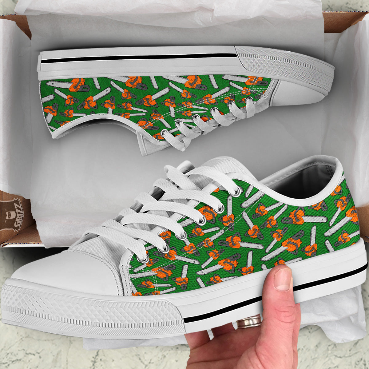 Green Chainsaw Print Pattern White Low Top Shoes-grizzshop