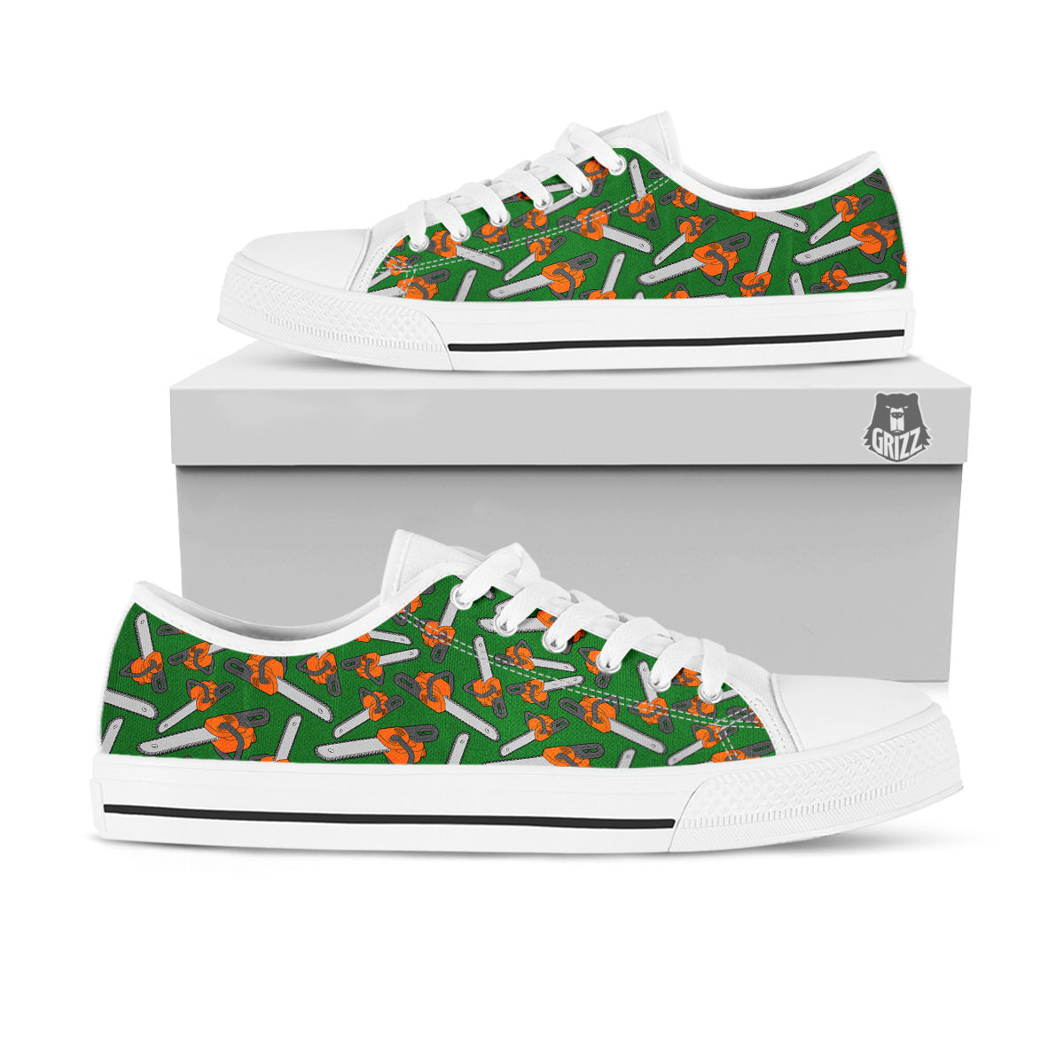 Green Chainsaw Print Pattern White Low Top Shoes-grizzshop