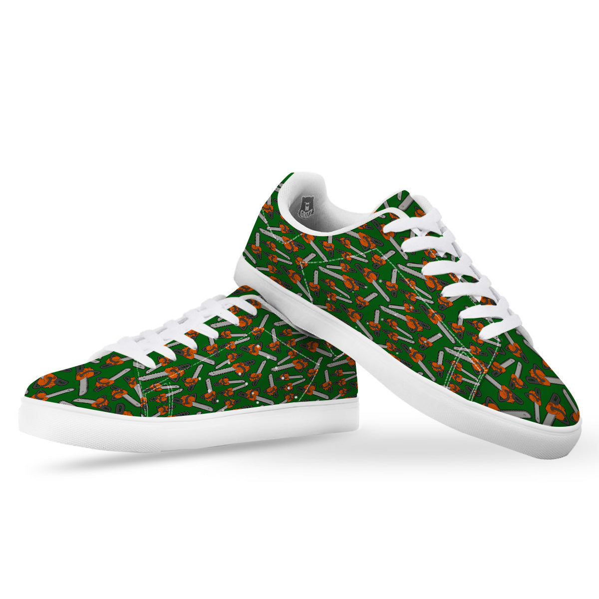 Green Chainsaw Print Pattern White Low Top Sneakers-grizzshop