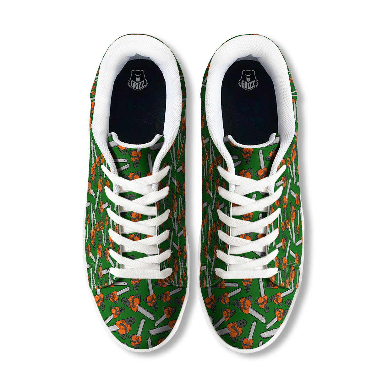 Green Chainsaw Print Pattern White Low Top Sneakers-grizzshop