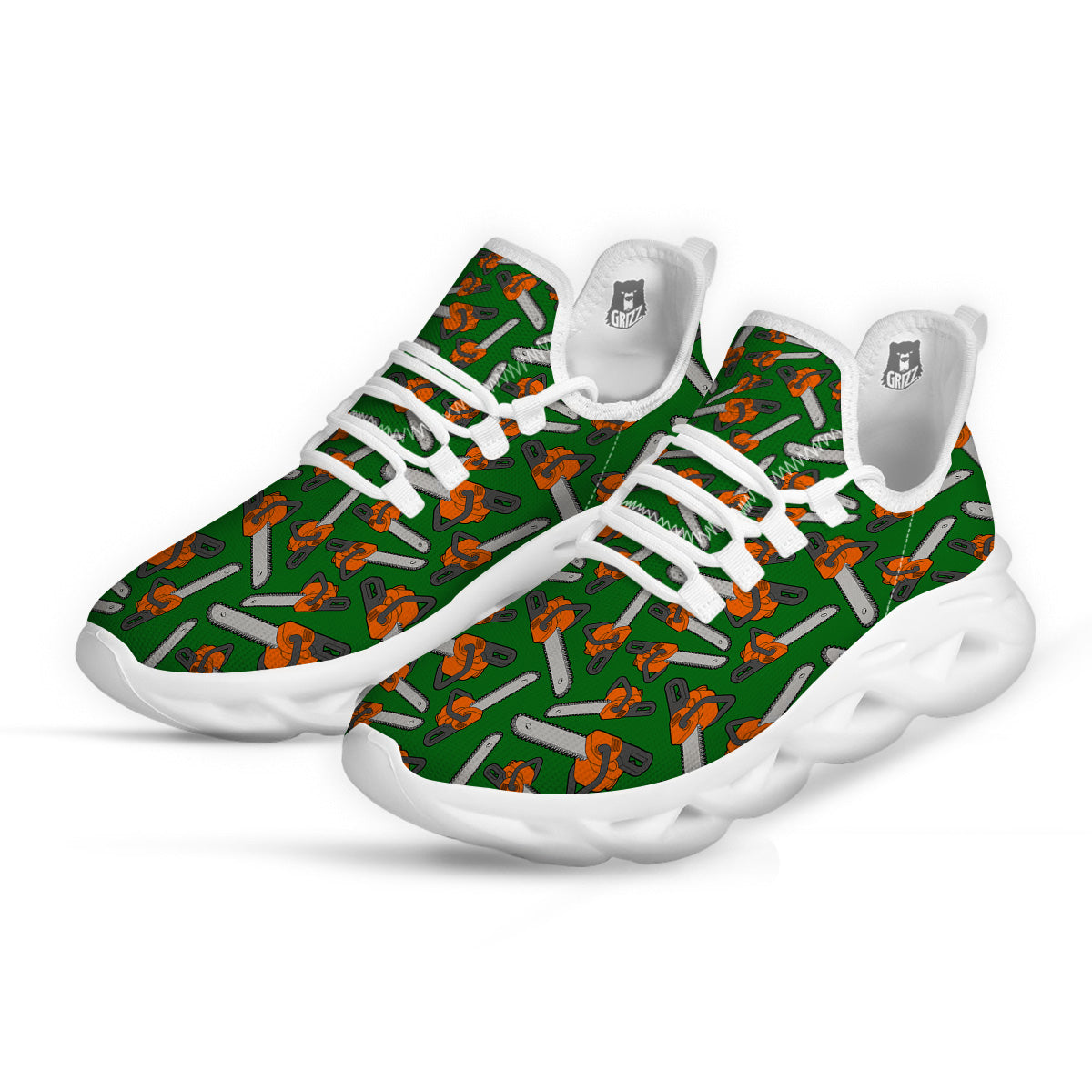 Green Chainsaw Print Pattern White Running Shoes-grizzshop