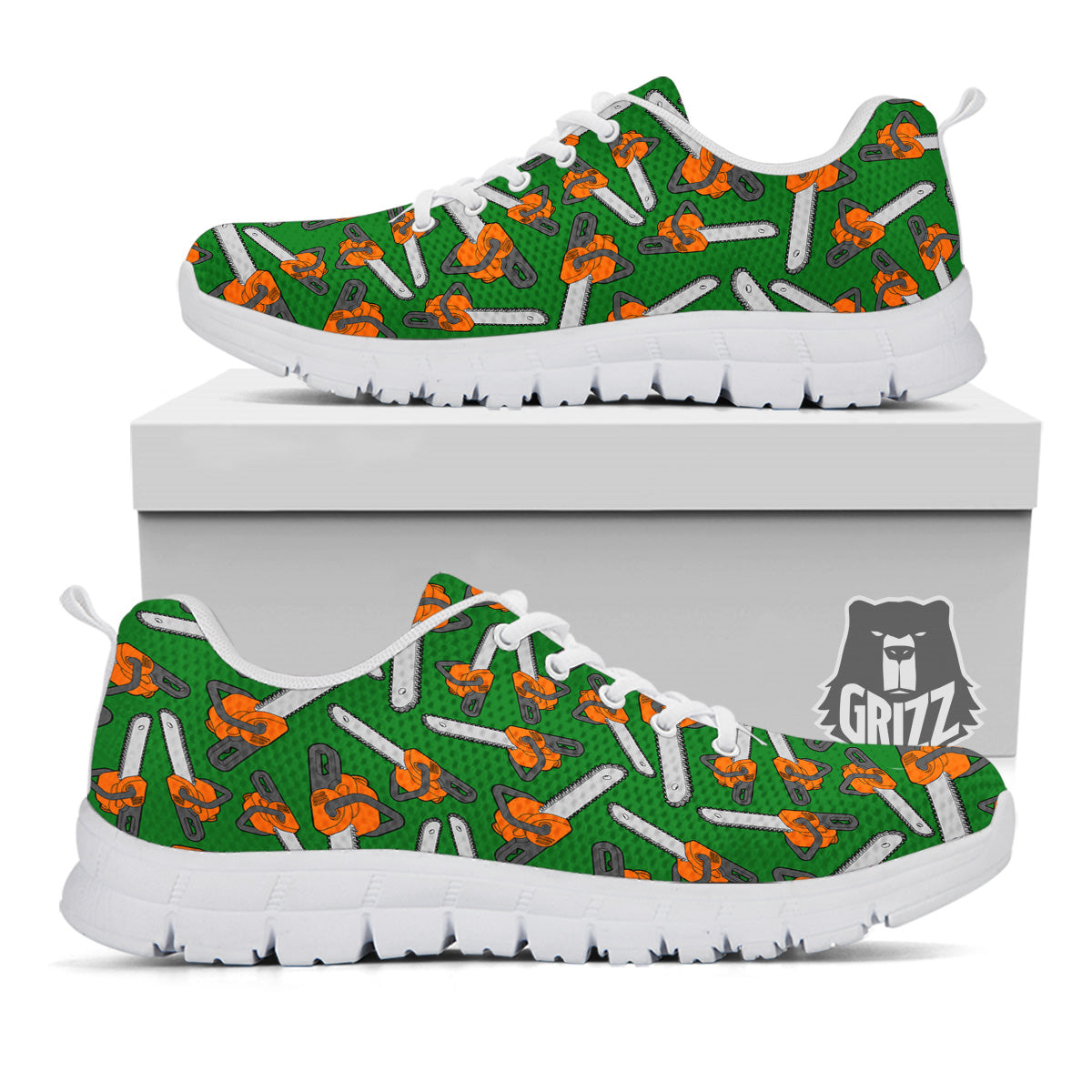 Green Chainsaw Print Pattern White Sneaker-grizzshop