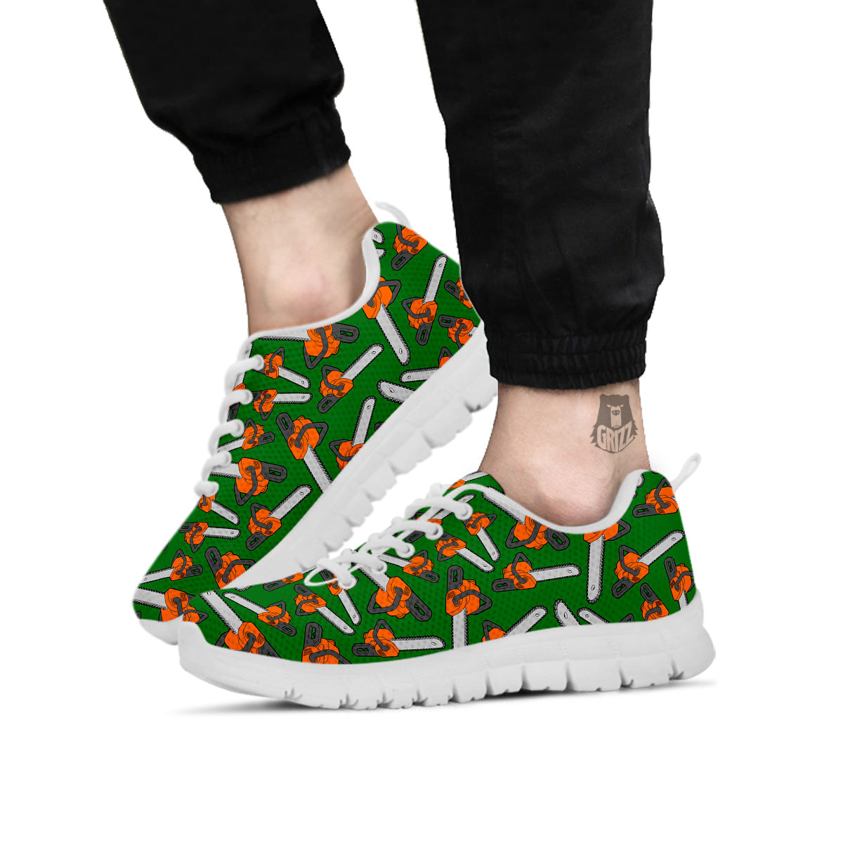 Green Chainsaw Print Pattern White Sneaker-grizzshop