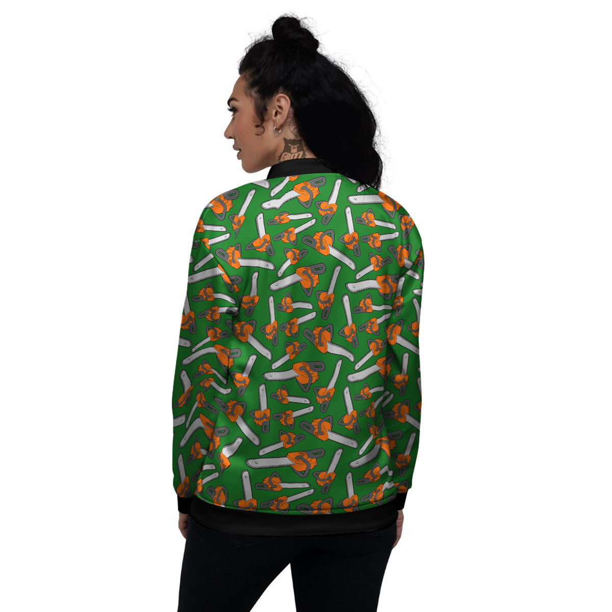 Green Chainsaw Print Pattern Women's Bomber Jacket-grizzshop