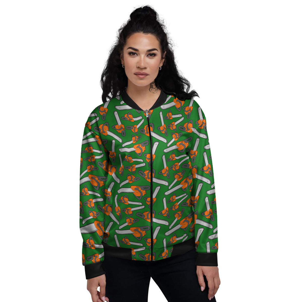 Green Chainsaw Print Pattern Women's Bomber Jacket-grizzshop