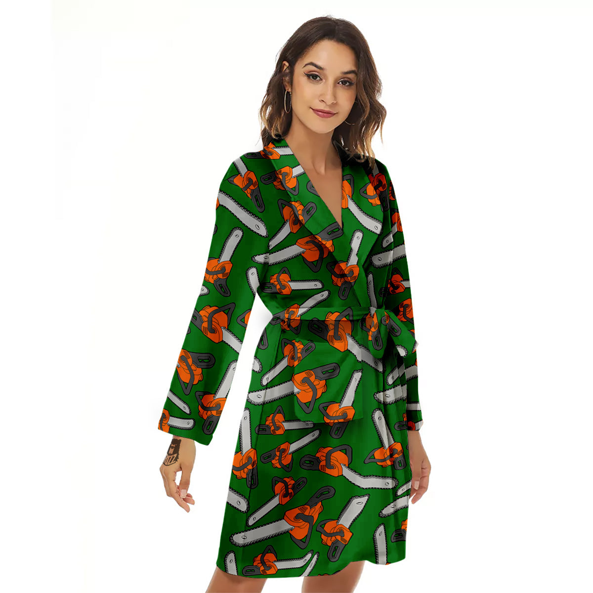 Green Chainsaw Print Pattern Women's Robe-grizzshop