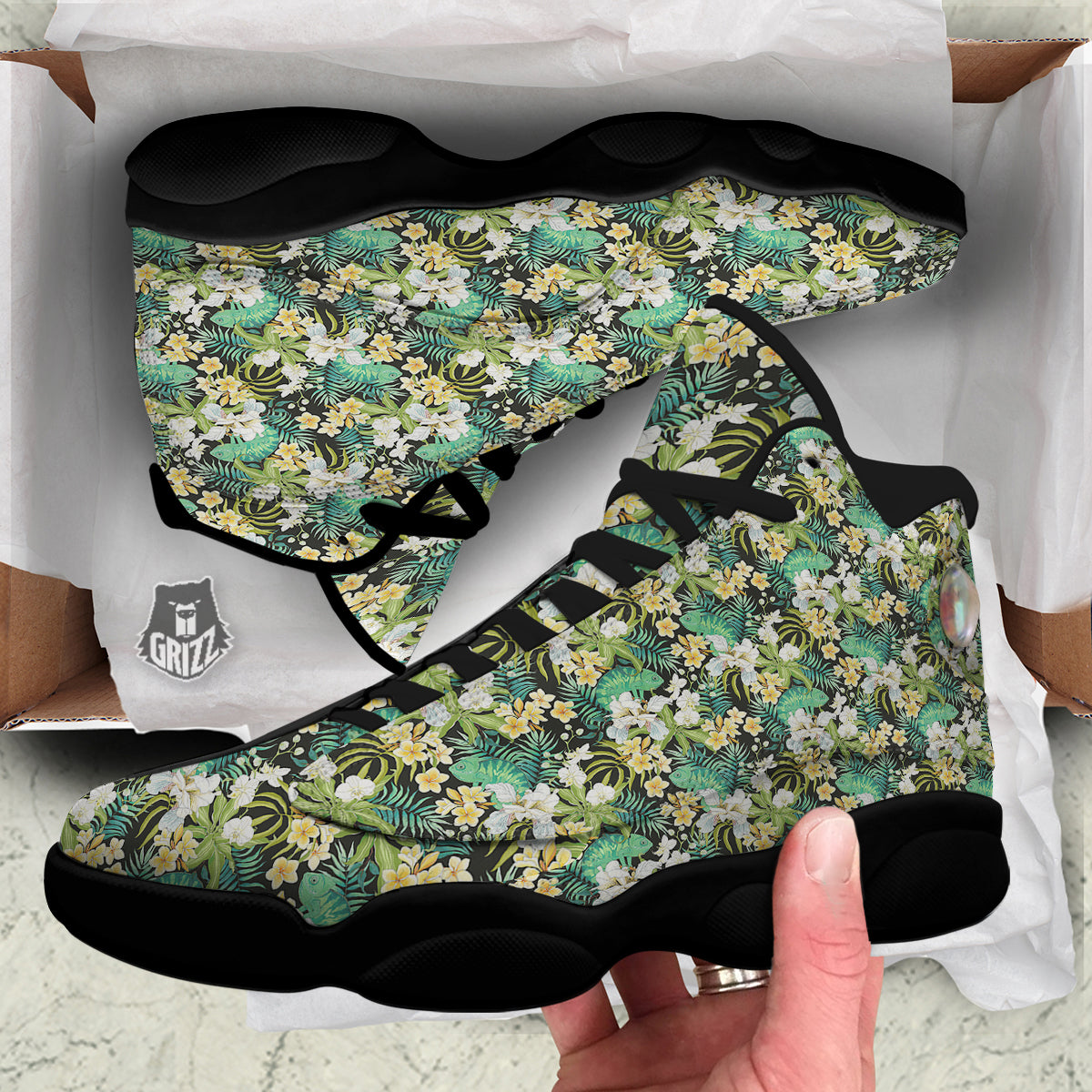 Green Chameleon And Flowers Plumeria Orchid Print Pattern Black Basketball Shoes-grizzshop