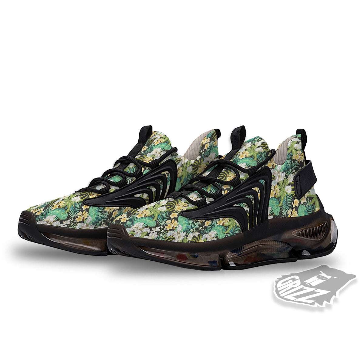 Green Chameleon And Flowers Plumeria Orchid Print Pattern Black Gym Shoes-grizzshop