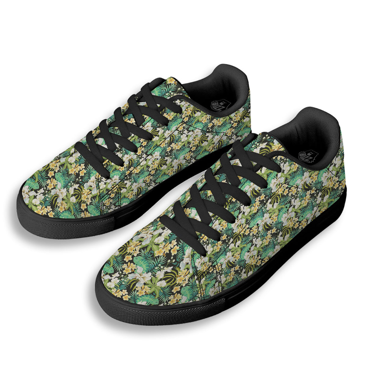 Green Chameleon And Flowers Plumeria Orchid Print Pattern Black Low Top Sneakers-grizzshop
