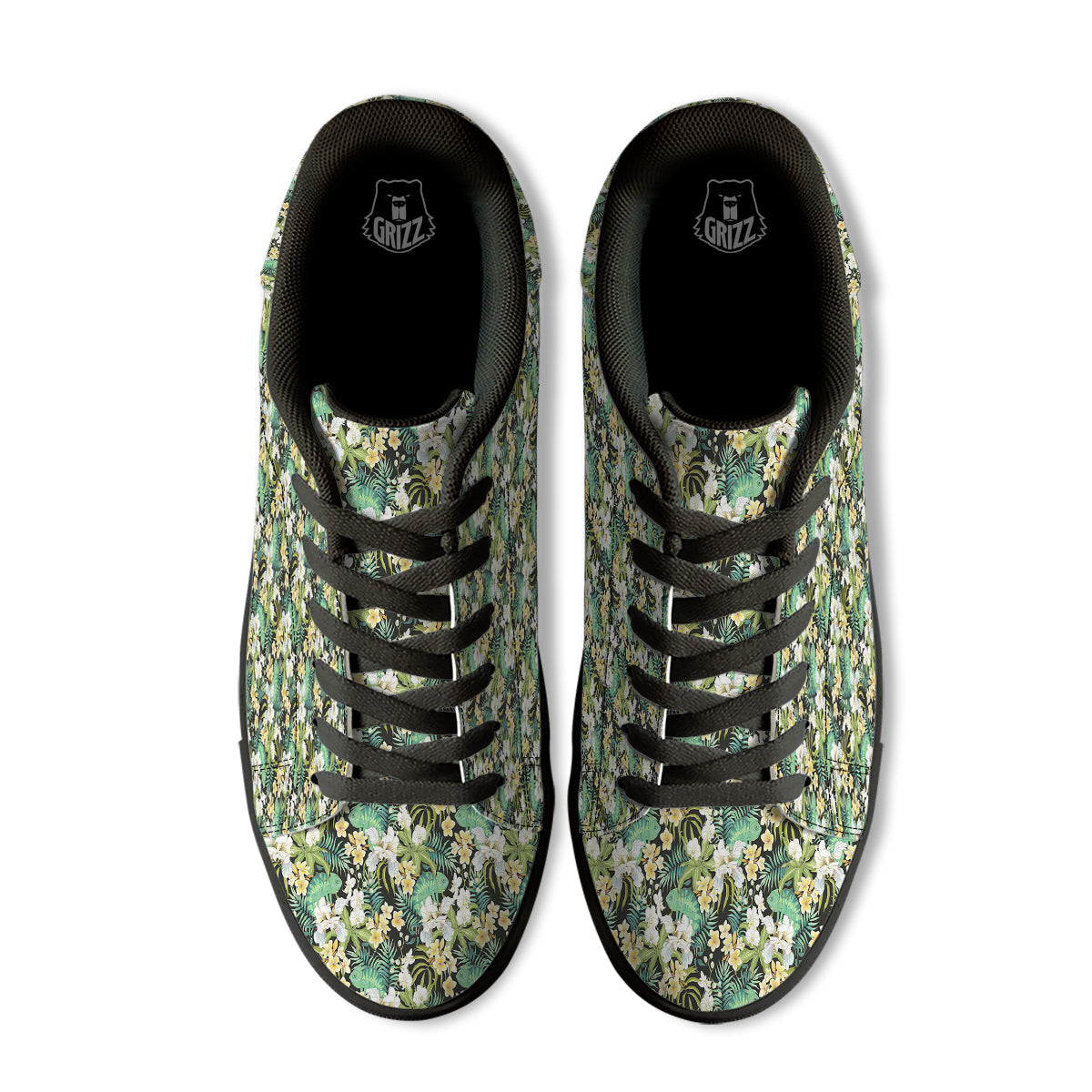 Green Chameleon And Flowers Plumeria Orchid Print Pattern Black Low Top Sneakers-grizzshop