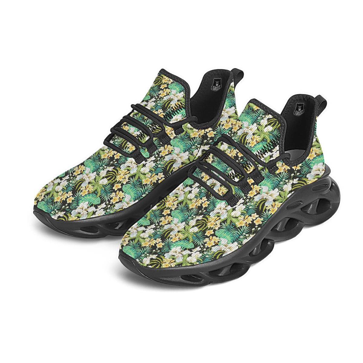 Green Chameleon And Flowers Plumeria Orchid Print Pattern Black Running Shoes-grizzshop