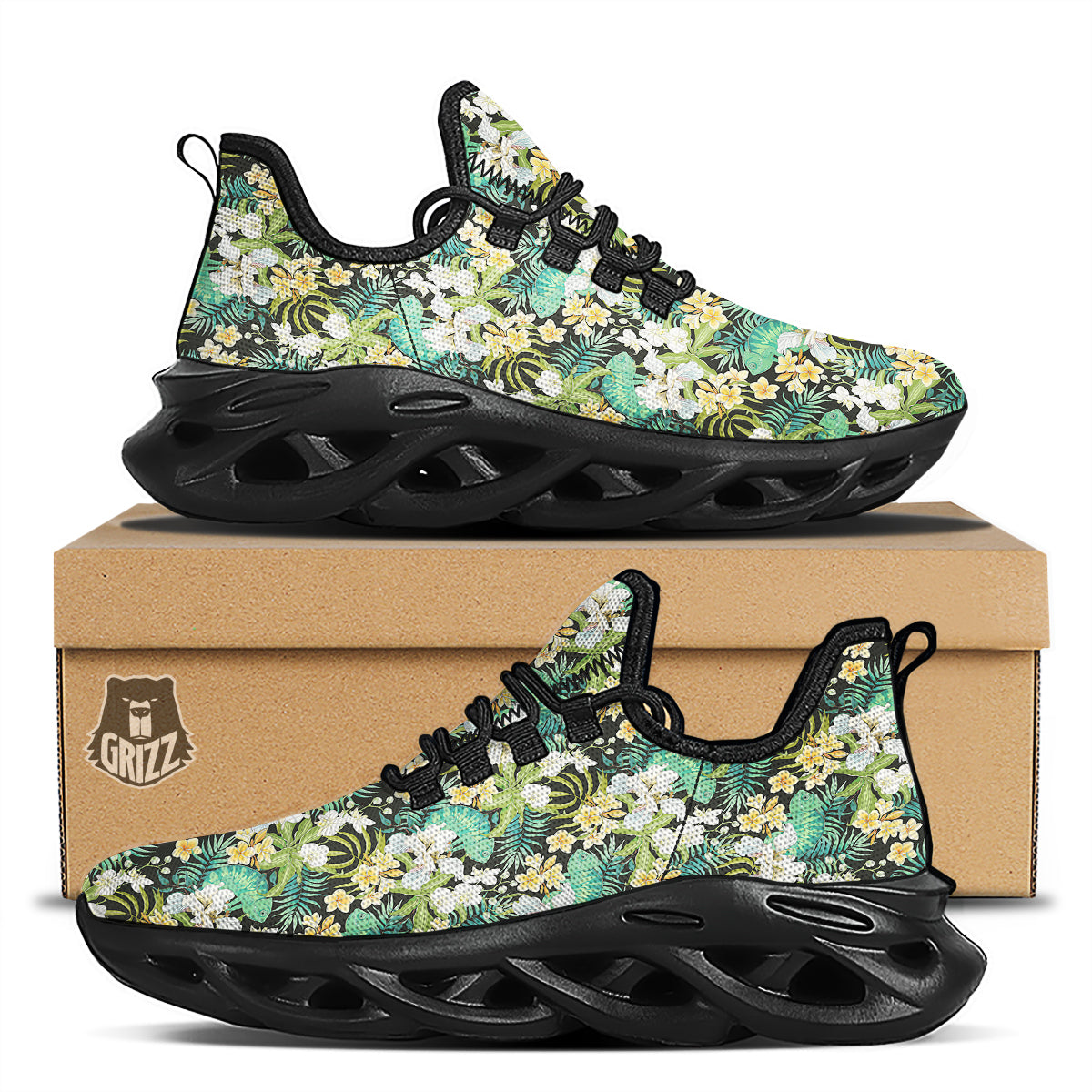 Green Chameleon And Flowers Plumeria Orchid Print Pattern Black Running Shoes-grizzshop