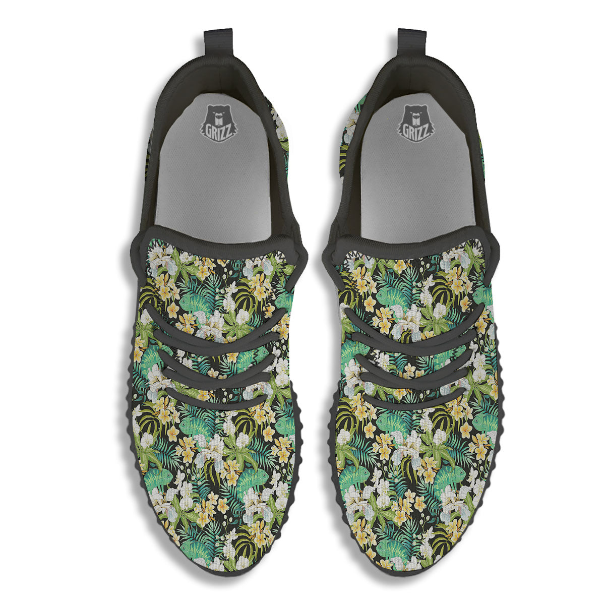 Green Chameleon And Flowers Plumeria Orchid Print Pattern Black Walking Shoes-grizzshop