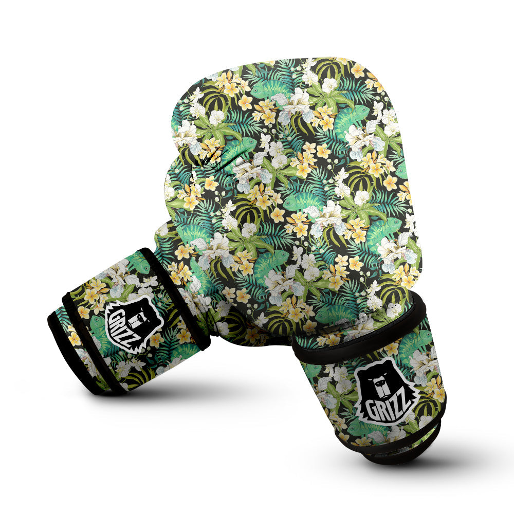 Green Chameleon And Flowers Plumeria Orchid Print Pattern Boxing Gloves-grizzshop