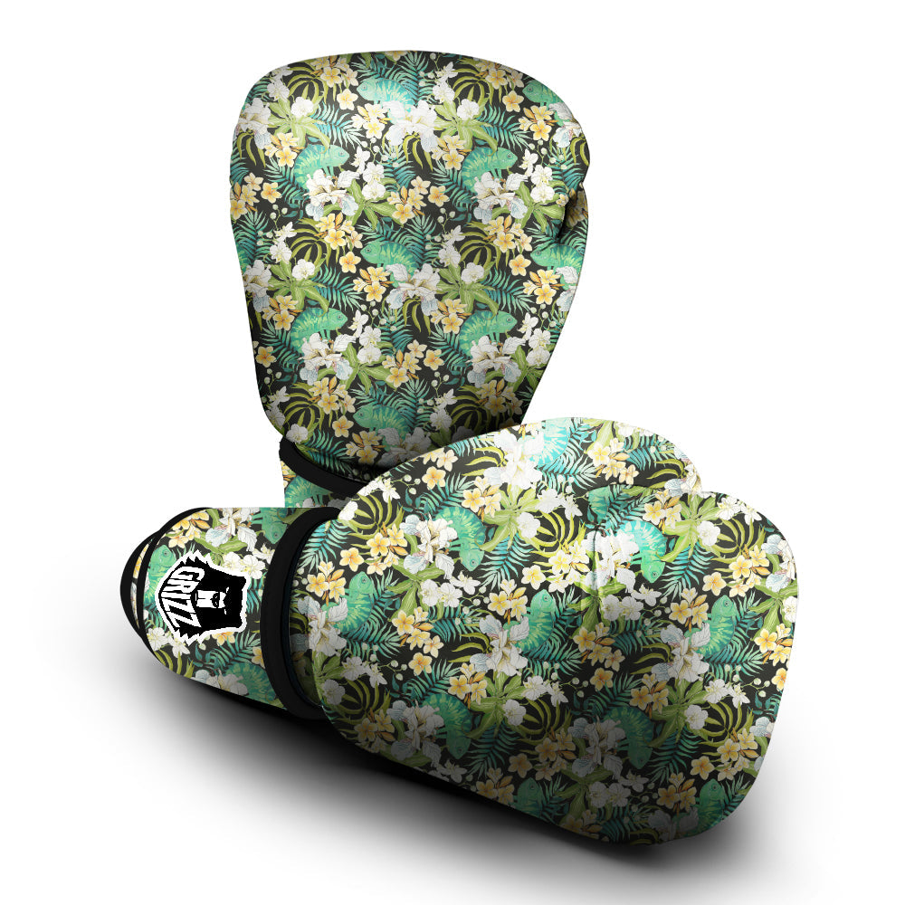 Green Chameleon And Flowers Plumeria Orchid Print Pattern Boxing Gloves-grizzshop