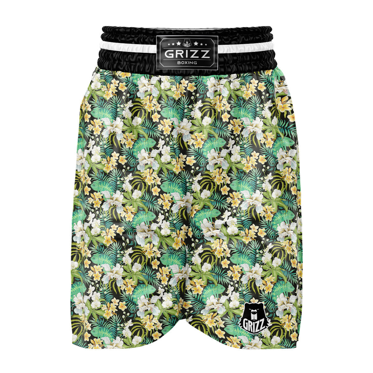 Green Chameleon And Flowers Plumeria Orchid Print Pattern Boxing Shorts-grizzshop