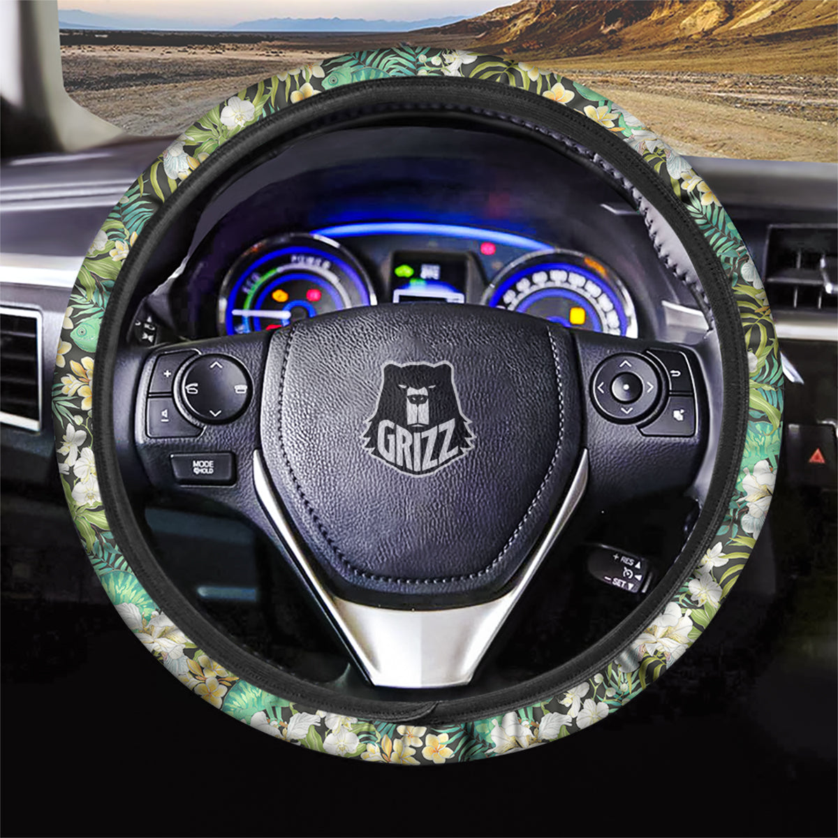 Green Chameleon And Flowers Plumeria Orchid Print Pattern Car Steering Wheel Cover-grizzshop