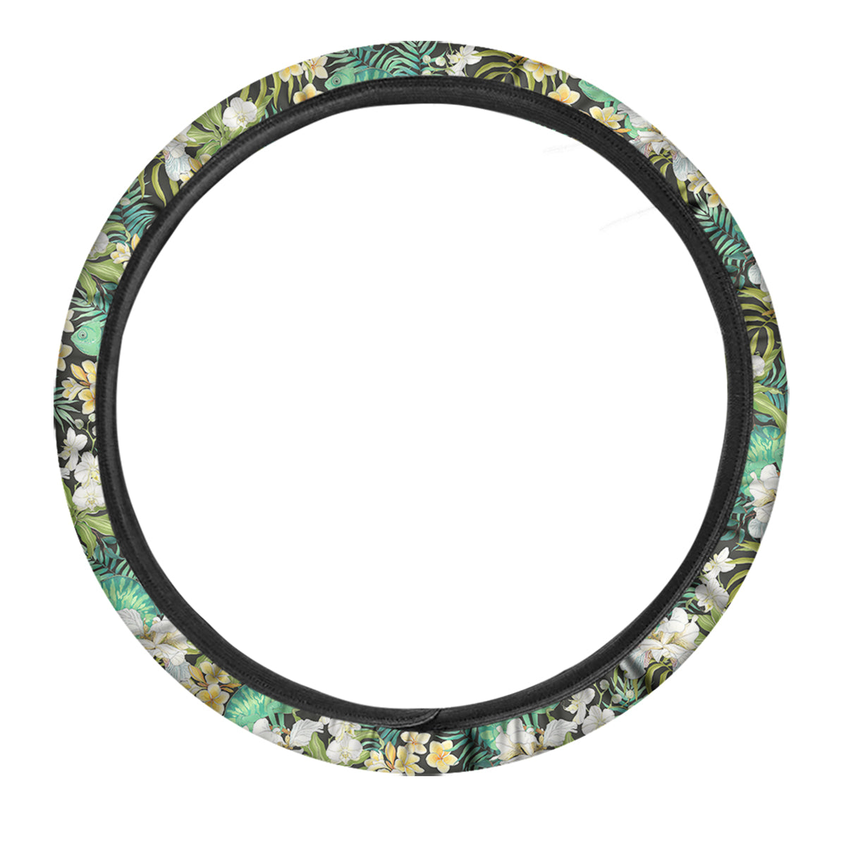 Green Chameleon And Flowers Plumeria Orchid Print Pattern Car Steering Wheel Cover-grizzshop