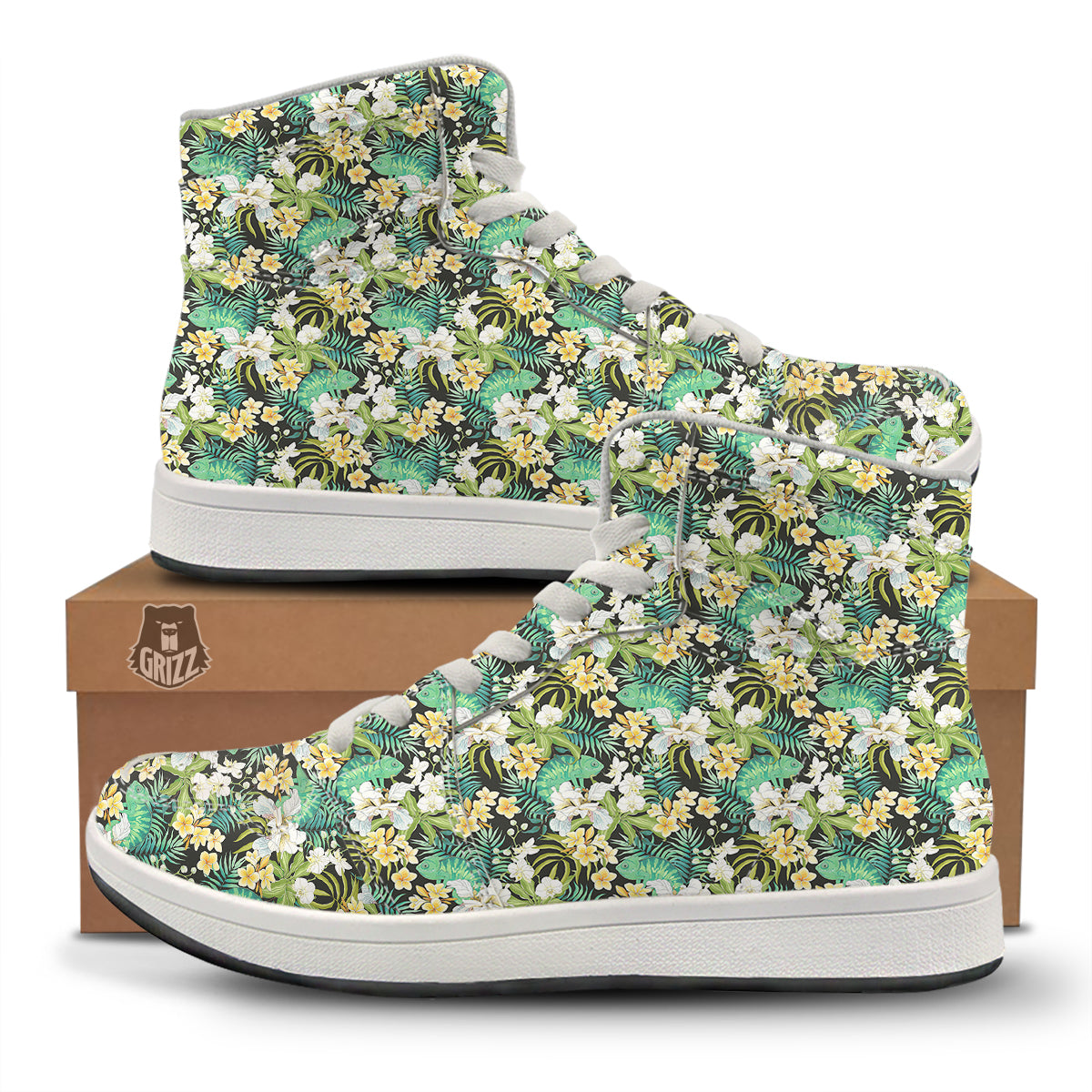 Green Chameleon And Flowers Plumeria Orchid Print Pattern High Top Sneakers-grizzshop