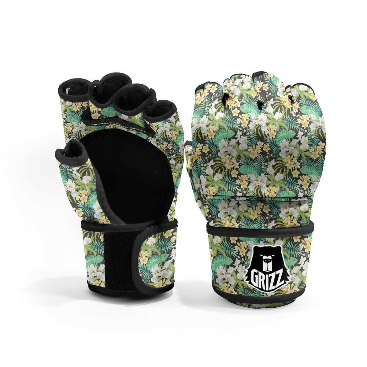 Green Chameleon And Flowers Plumeria Orchid Print Pattern MMA Gloves-grizzshop
