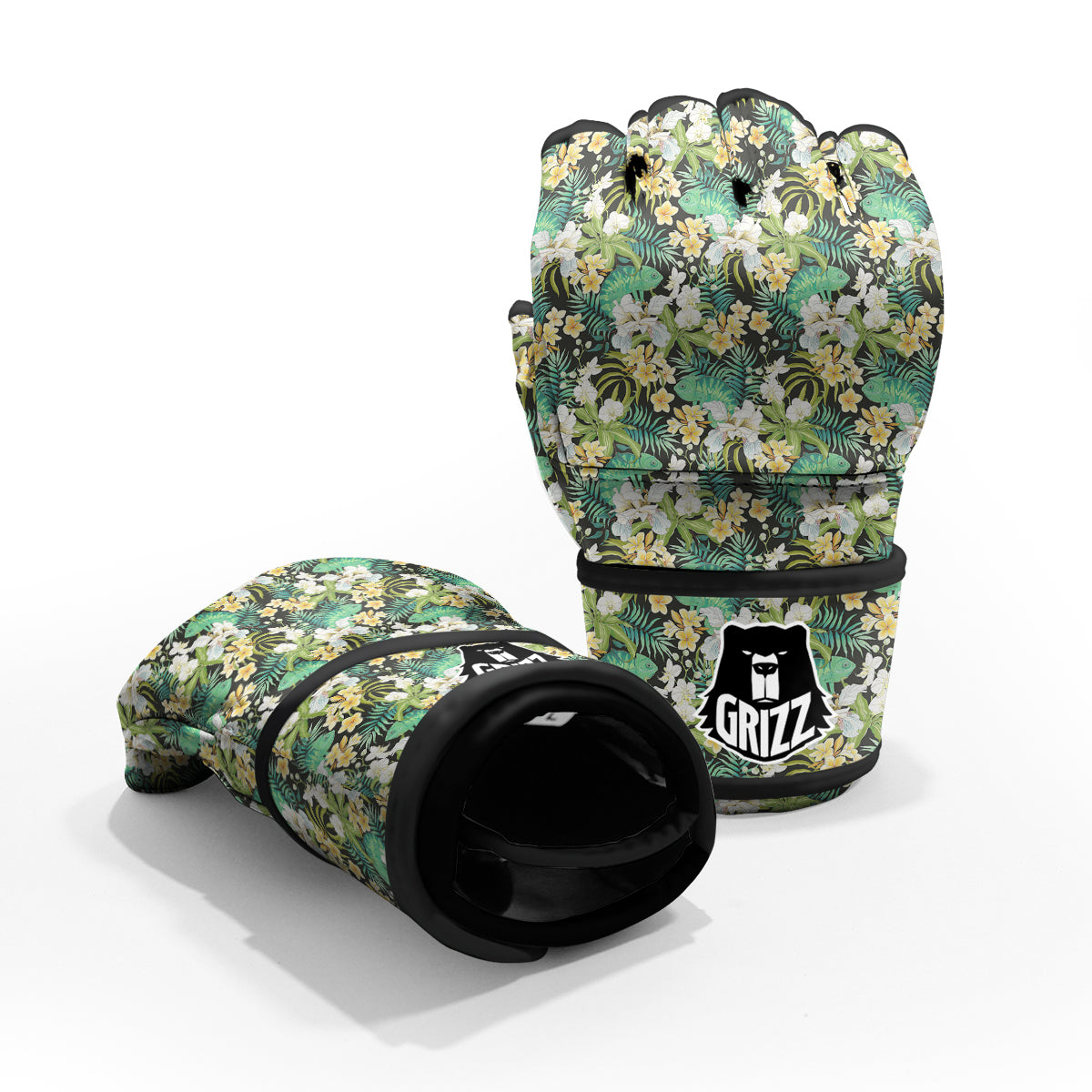 Green Chameleon And Flowers Plumeria Orchid Print Pattern MMA Gloves-grizzshop