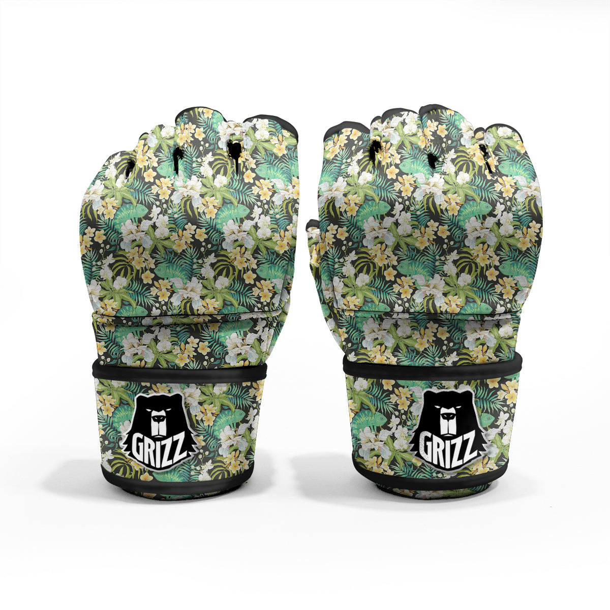 Green Chameleon And Flowers Plumeria Orchid Print Pattern MMA Gloves-grizzshop