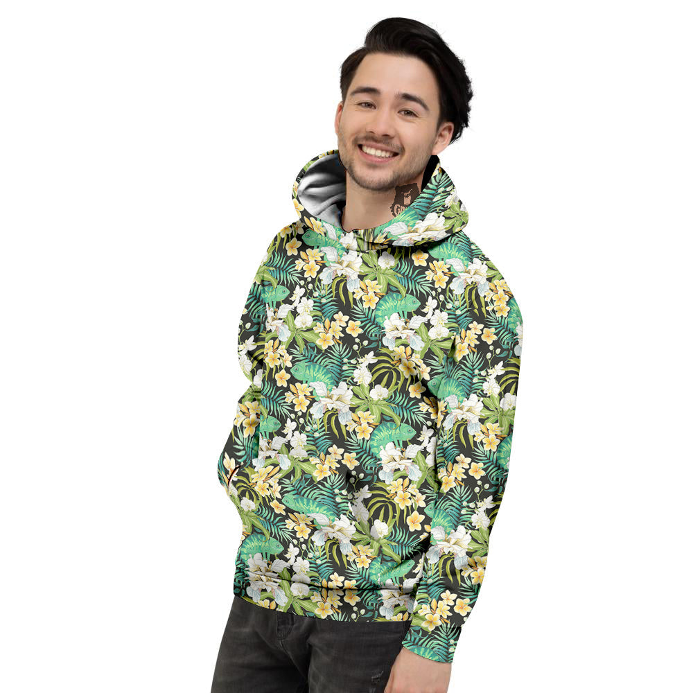 Green Chameleon And Flowers Plumeria Orchid Print Pattern Men's Hoodie-grizzshop