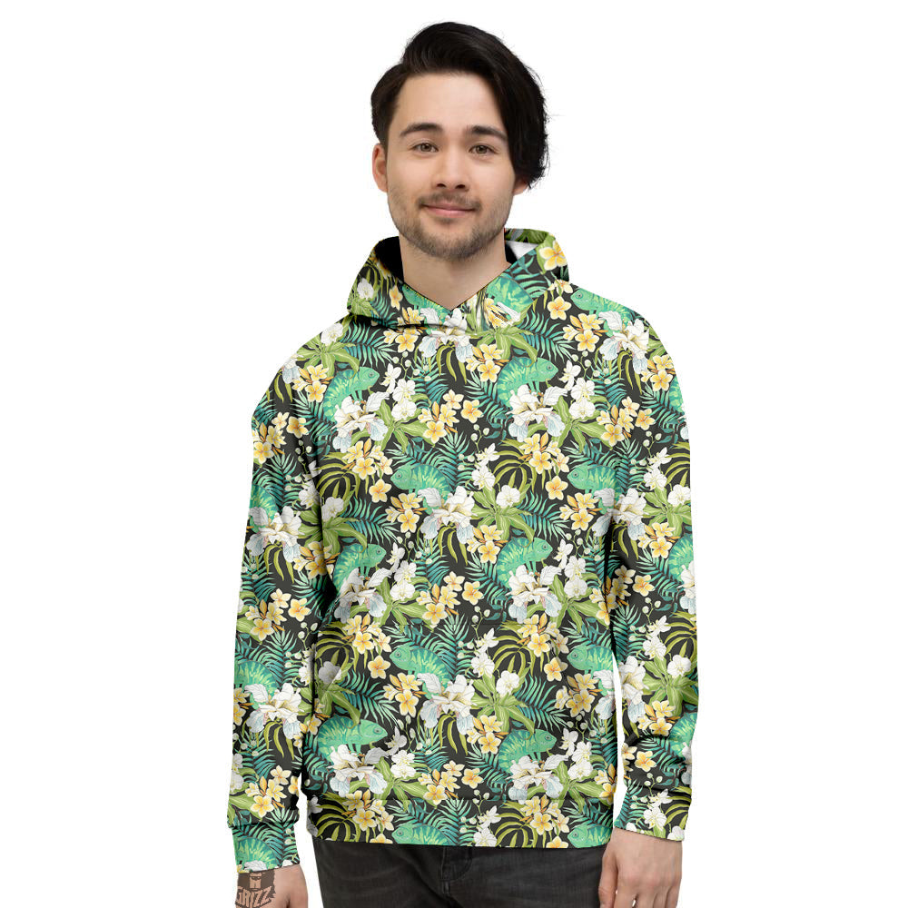 Green Chameleon And Flowers Plumeria Orchid Print Pattern Men's Hoodie-grizzshop