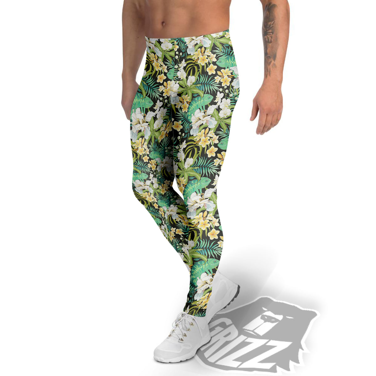 Green Chameleon And Flowers Plumeria Orchid Print Pattern Men's Leggings-grizzshop