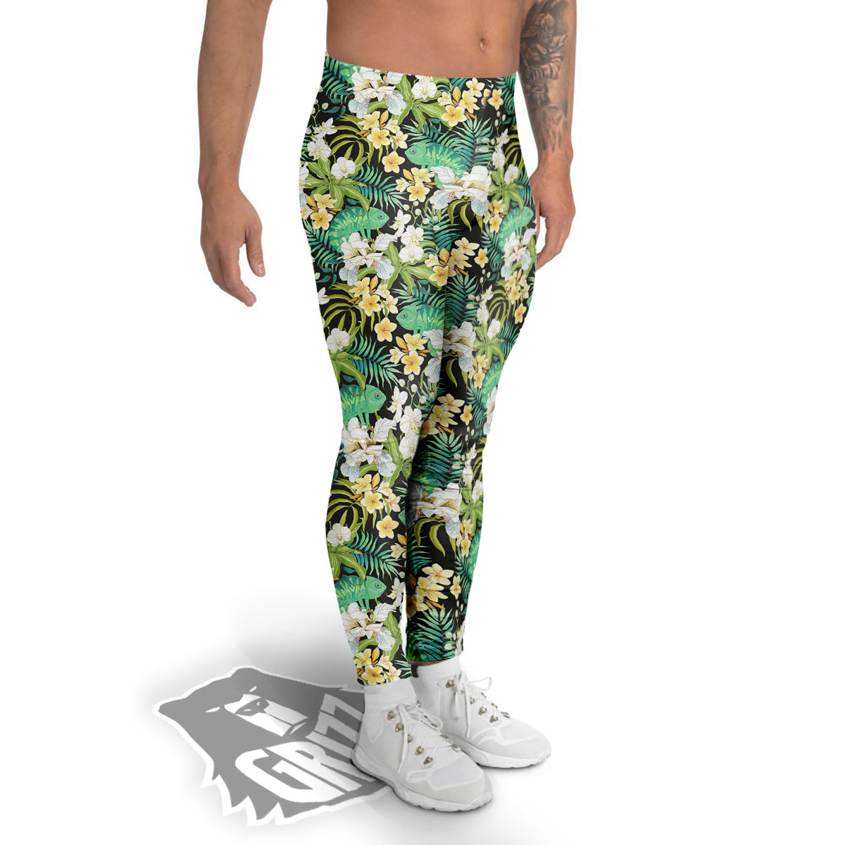 Green Chameleon And Flowers Plumeria Orchid Print Pattern Men's Leggings-grizzshop