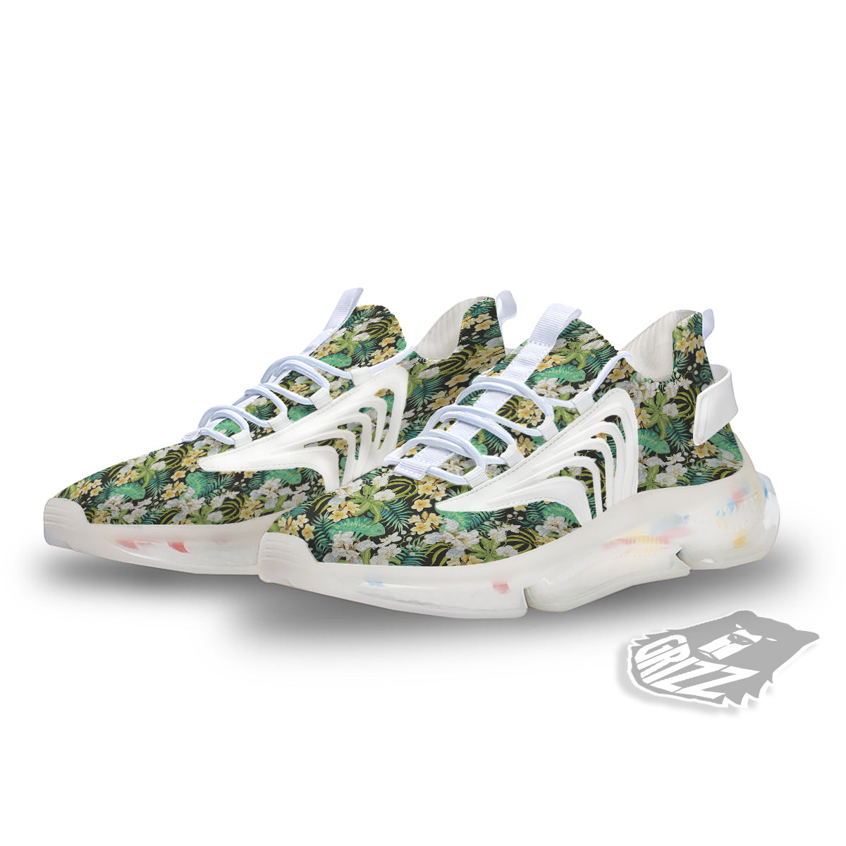Green Chameleon And Flowers Plumeria Orchid Print Pattern White Gym Shoes-grizzshop