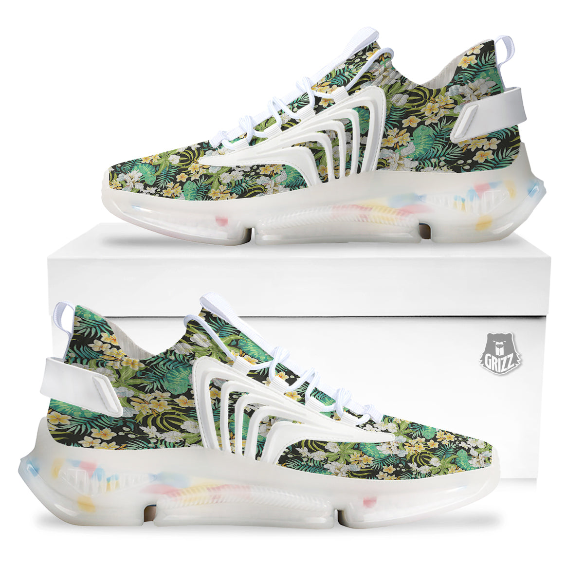 Green Chameleon And Flowers Plumeria Orchid Print Pattern White Gym Shoes-grizzshop