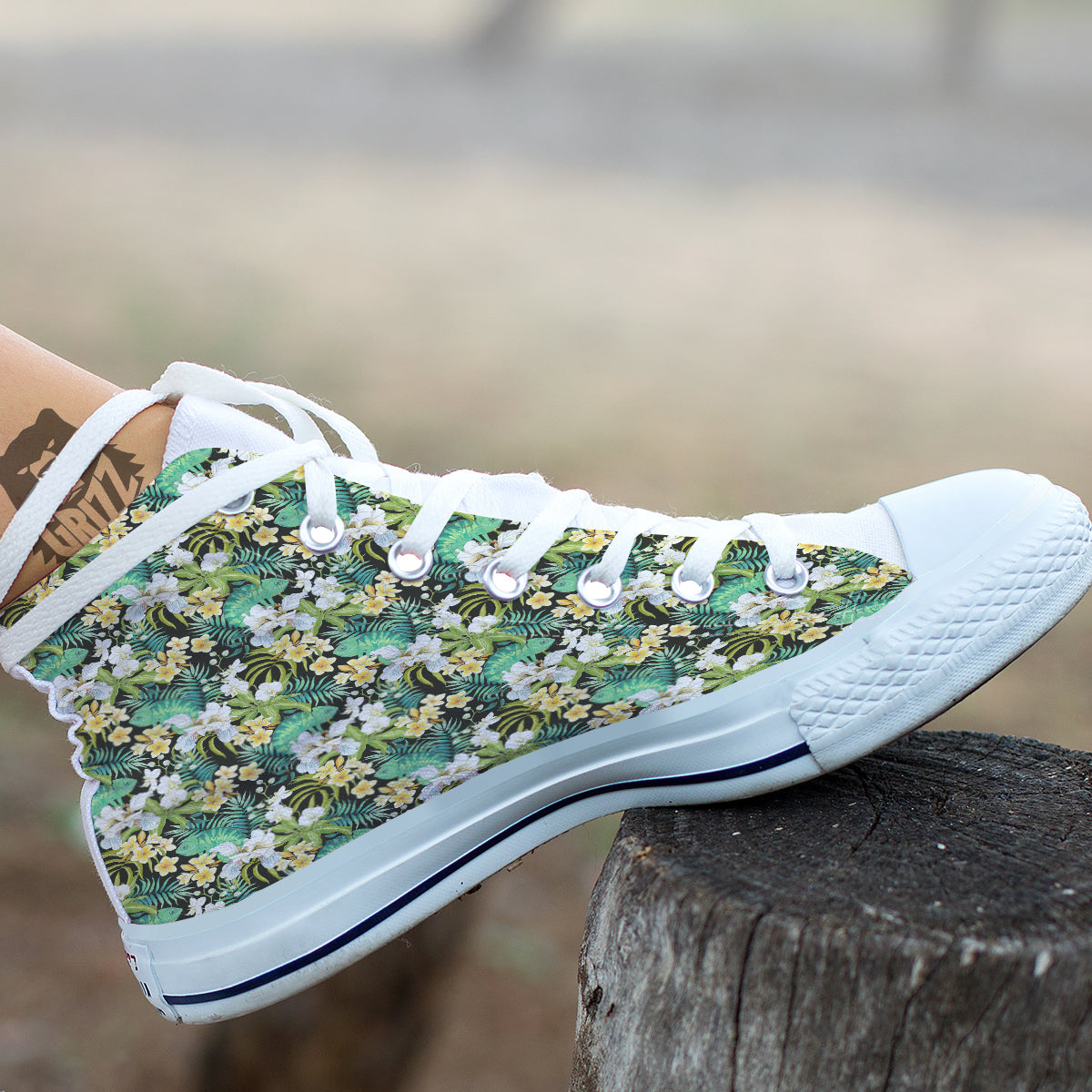 Green Chameleon And Flowers Plumeria Orchid Print Pattern White High Top Shoes-grizzshop
