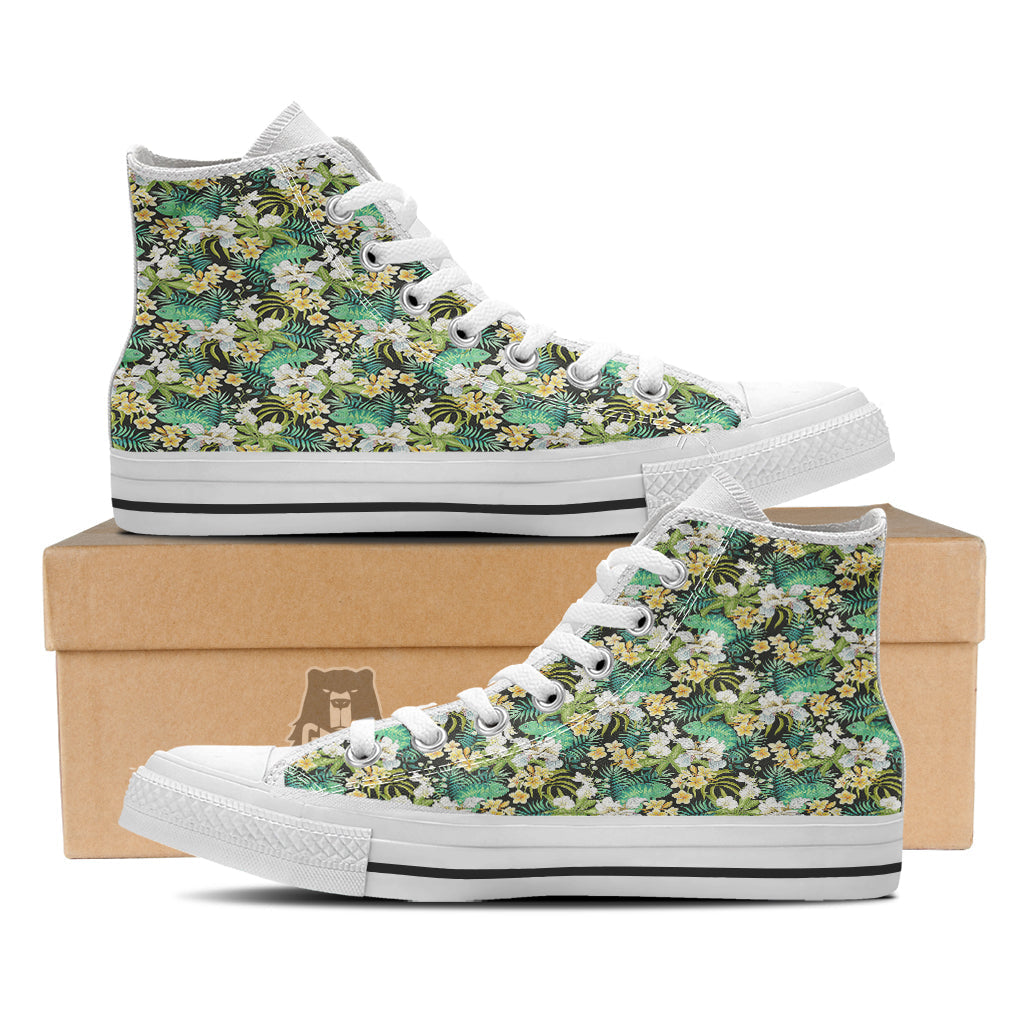 Green Chameleon And Flowers Plumeria Orchid Print Pattern White High Top Shoes-grizzshop