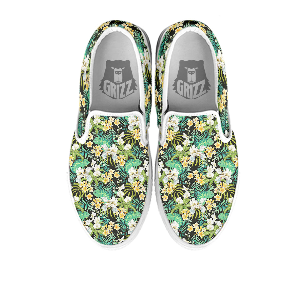 Green Chameleon And Flowers Plumeria Orchid Print Pattern White Slip On Shoes-grizzshop